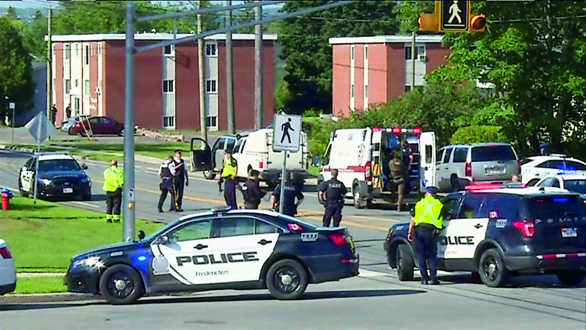A still image taken from video of the scene of a fatal shooting in Fredericton, New Brunswick, Canada, August 10, 2018. CBC News/Handout via Reuters