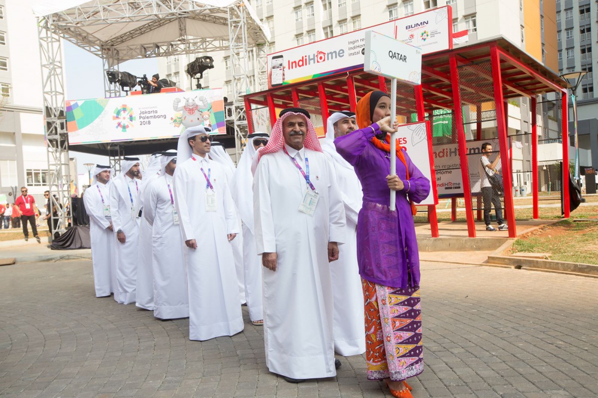 The Qatari delegation attending the flag raising ceremony at the Athletes’ Village of 2018 Asian Games yesterday.