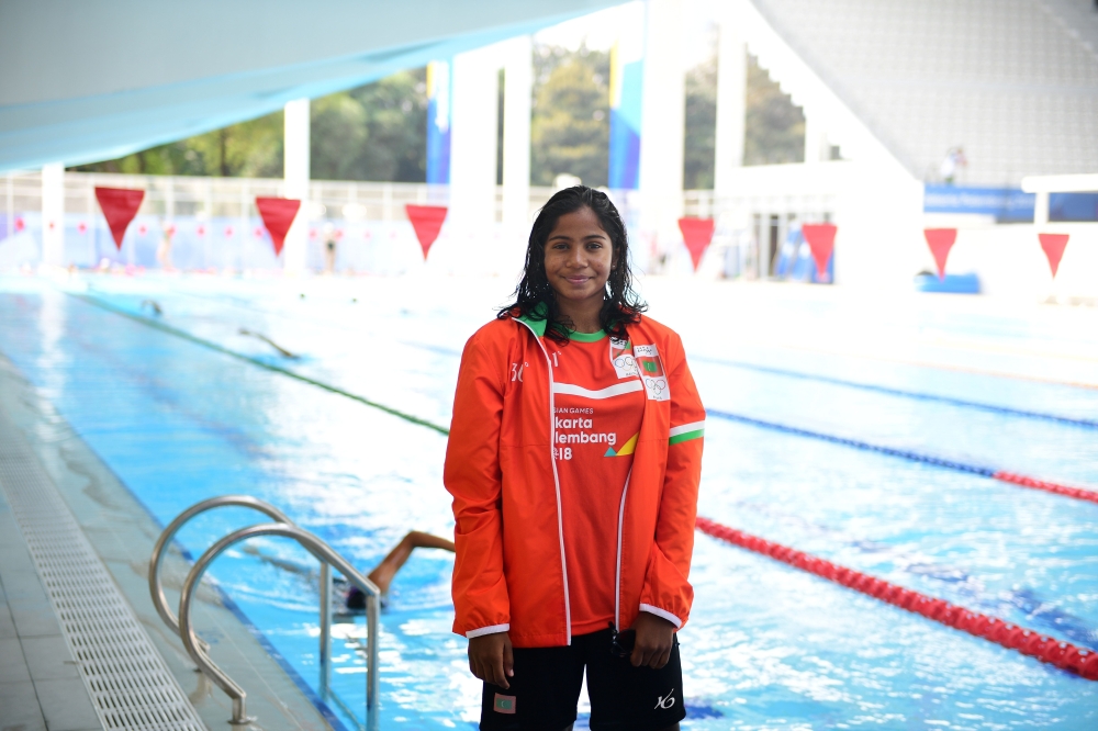 Maldives' Hulva Khulail poses for a photo during a swimming training session at the Aquatics center ahead of the 2018 Asian Games in Jakarta on August 18, 2018. (AFP / Martin BUREAU)
