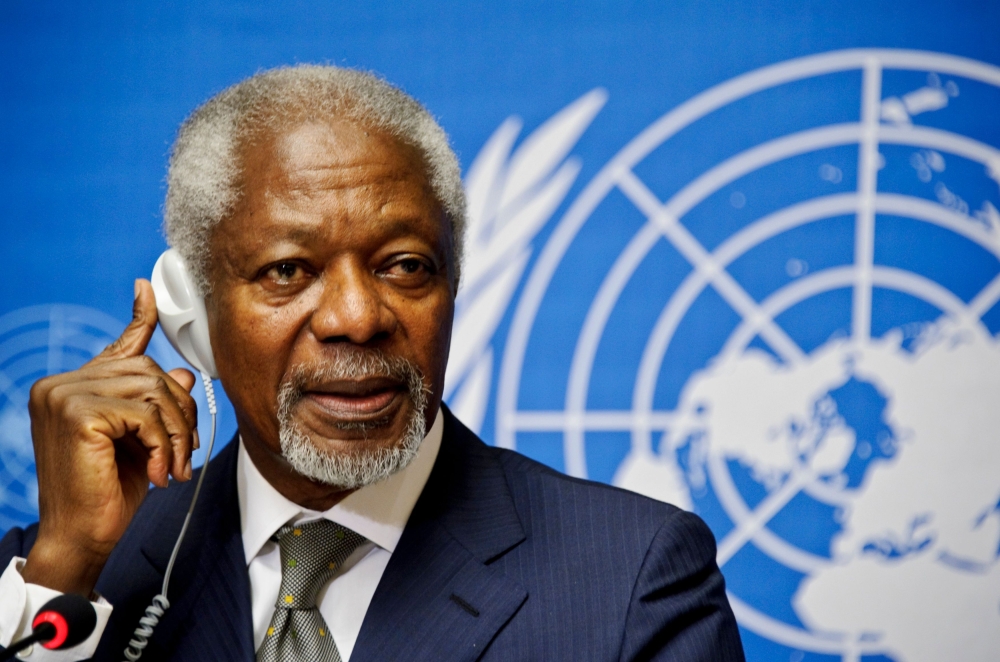 In this file photo taken on June 22, 2012 Arab League Special Envoy for Syria, Kofi Annan, listens to the media questions during a press conference at the United Nations Office in Geneva. / AFP / SEBASTIEN BOZON 
