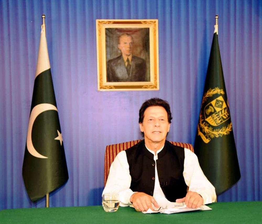 Pakistan's Prime Minister Imran Khan, speaks to the nation in his first televised address in Islamabad, Pakistan August 19, 2018. (Press Information Department (PID)/Handout via REUTERS)