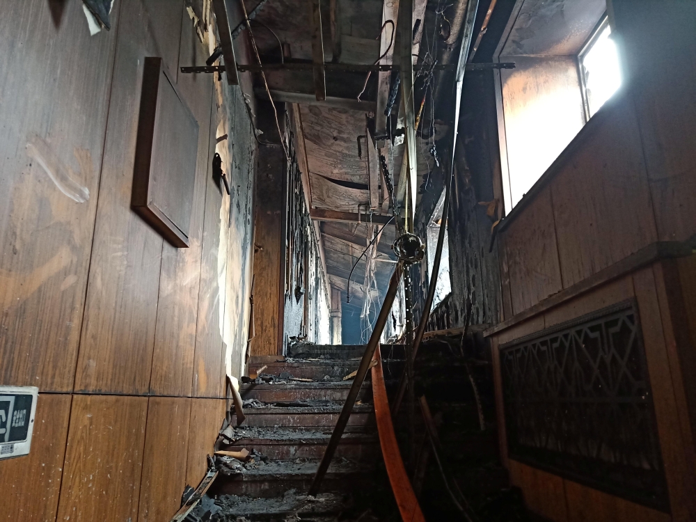 The interior of a hot springs hotel which caught fire early in the morning is pictured in Harbin, Heilongjiang province, China August 25, 2018. Xie Peihua/CNS via REUTERS