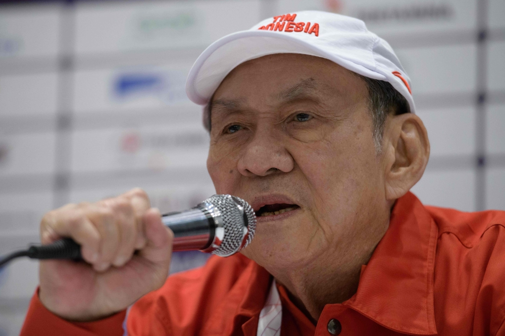 This file photo taken on August 22, 2018 shows tobacco and banking multi-billionaire Michael Bambang Hartono, 78, who is competing in bridge for Indonesia at the 2018 Asian Games, speaking at a press conference at the Jakarta International Expo in Jakarta