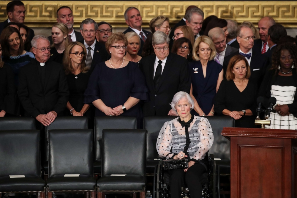 Roberta McCain, mother of the late US Senator John McCain, waits for the arrival of her son's casket during a ceremony inside the Rotunda of the U.S. Capitol, August 31, 2018 in Washington, DC.  Drew Angerer/Getty Images/AFP