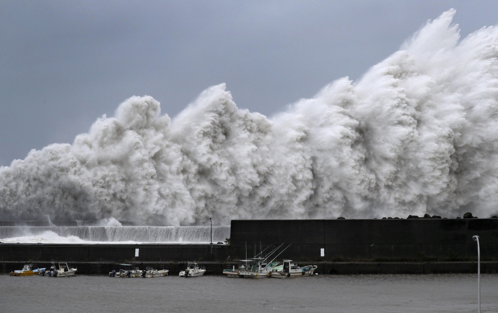 High waves triggered by Typhoon Jebi are seen at a fishing port in Aki, Kochi Prefecture, western Japan, in this photo taken by Kyodo September 4, 2018. Kyodo/via Reuters 