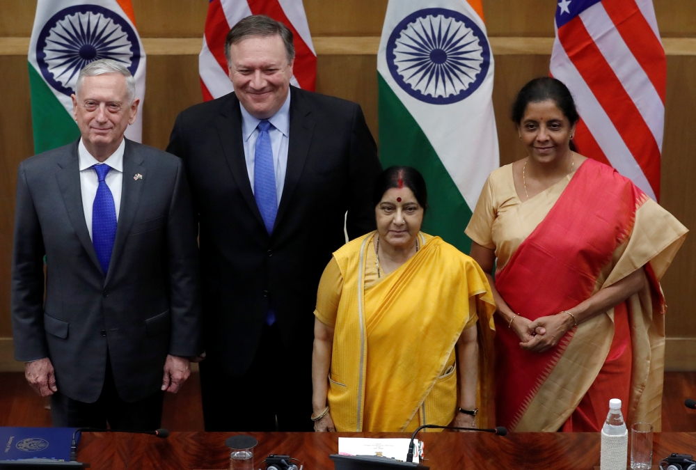U.S. Secretary of State Mike Pompeo, U.S. Secretary of Defence James Mattis, India's Foreign Minister Sushma Swaraj and India's Defence Minister Nirmala Sitharaman pose after a joint news conference after a meeting in New Delhi, India, September 6, 2018. 
