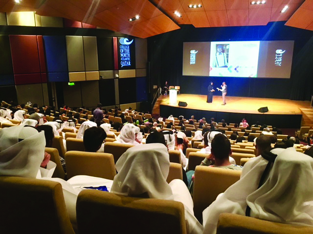 The students and faculty members attend the orientation event at the College of the North Atlantic-Qatar.