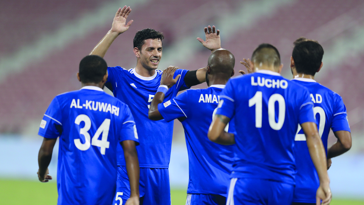  Al Shahania players celebrate their win over Qatar SC in the QNB Stars League in Doha yesterday. Picture by: Syed Omar