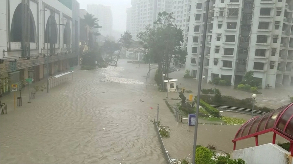 A flooded area is seen after typhoon Mangkhut in Hong Kong, China in this still image taken from video on September 16, 2018. Reuters TV/via REUTERS