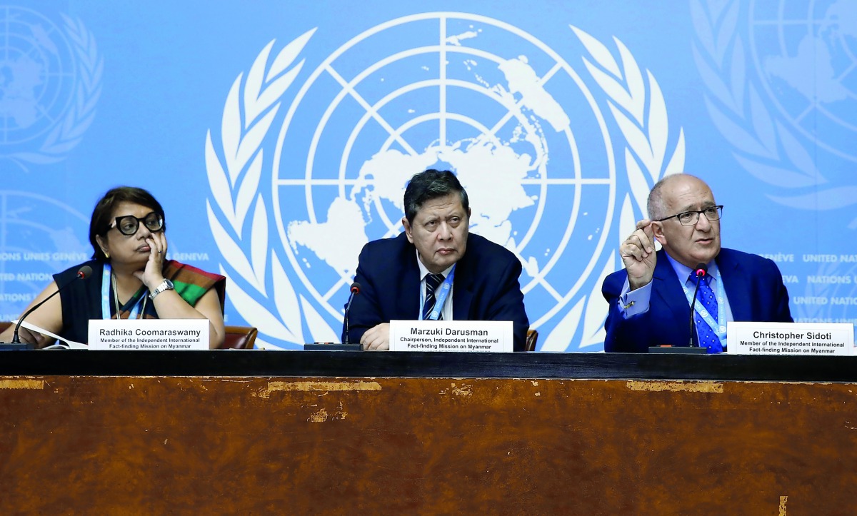 Radhika Coomaraswamy, Marzuki Darusman and Christopher Sidoti, members of the Independent International Fact-finding Mission on Myanmar attend a news conference at the United Nations in Geneva, Switzerland, September 18, 2018. Reuters/Denis Balibouse 