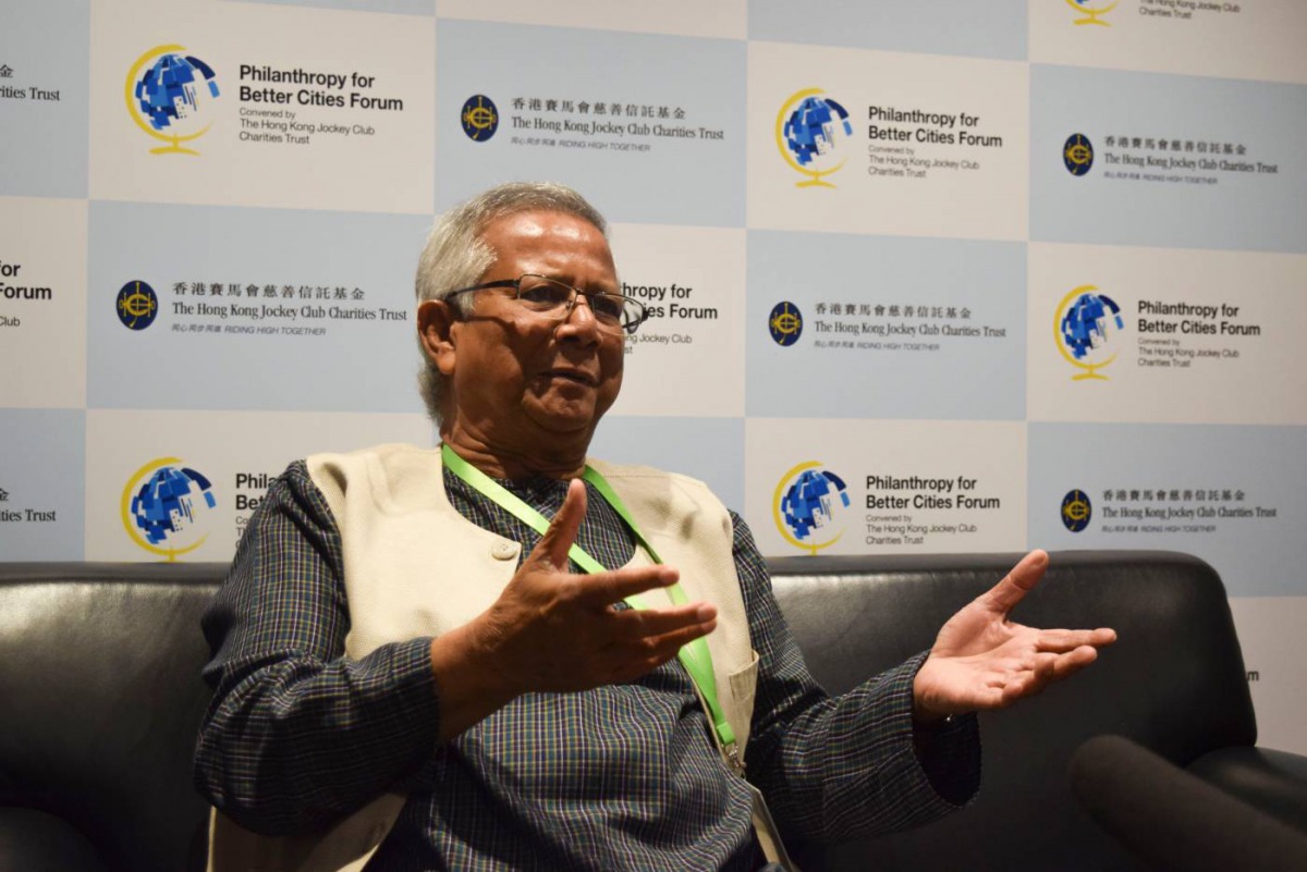 Nobel Peace laureate Muhammad Yunus speaks during an interview in Hong Kong, China September 20, 2018. Thomson Reuters Foundation/ Beh Lih Yi