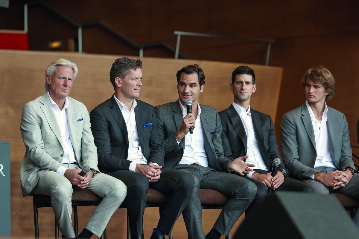 Captain of Team Europe Bjorn Borg (L) and Captain of Team World John McEnroe and tennis players Roger Federer (C), Novak Djokovic (2nd R), Alexander Zverev (R) hold a joint press conference at the Pritzker Pavilion stage of the Millenium Park in Chicago, 