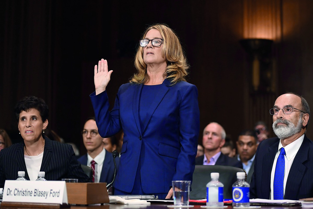 Christine Blasey Ford swears in before testifying in front of the US Senate Judiciary Committee confirmation hearing on Capitol Hill in Washington, DC. September 27, 2018. Saul Loeb/Pool via Reuters