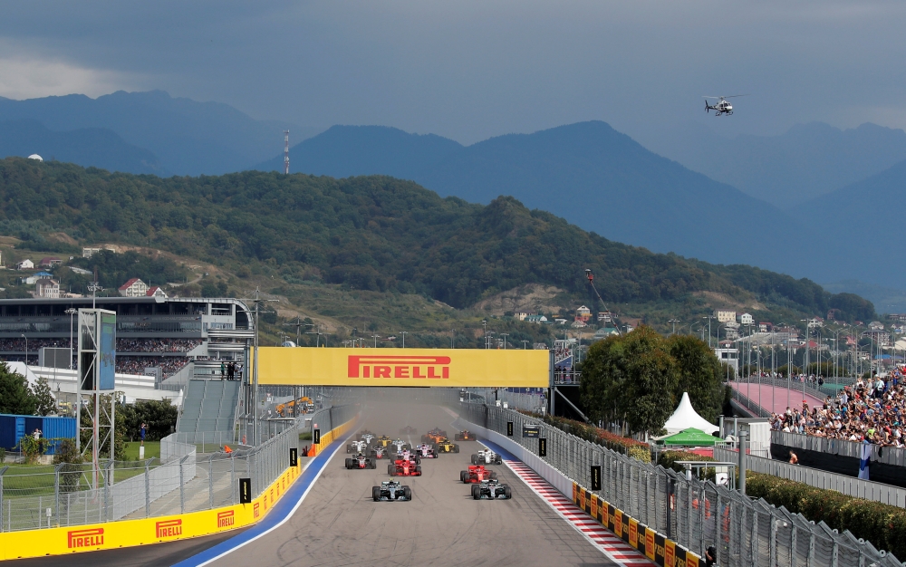 Mercedes' Valtteri Bottas and Lewis Hamilton lead the field at the start of the race REUTERS/Maxim Shemetov