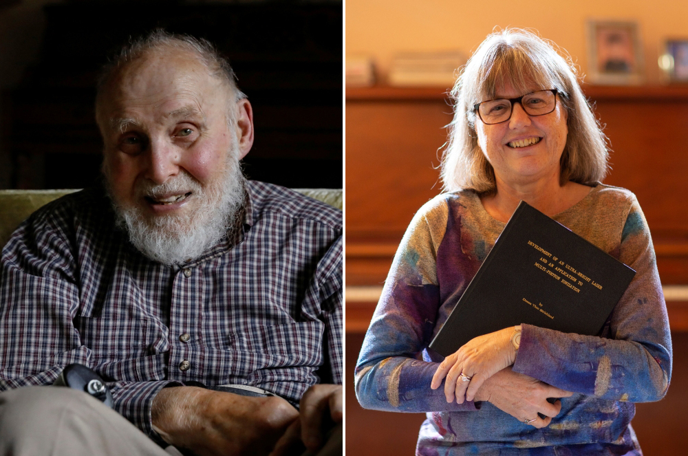 COMBO: (L) Arthur Ashkin, poses in his home in Rumson, New Jersey, U.S., October 2, 2018. REUTERS/Brendan McDermid | (R) Donna Strickland,  at her home in Waterloo, Ontario, Canada October 2, 2018. REUTERS/Peter Power	