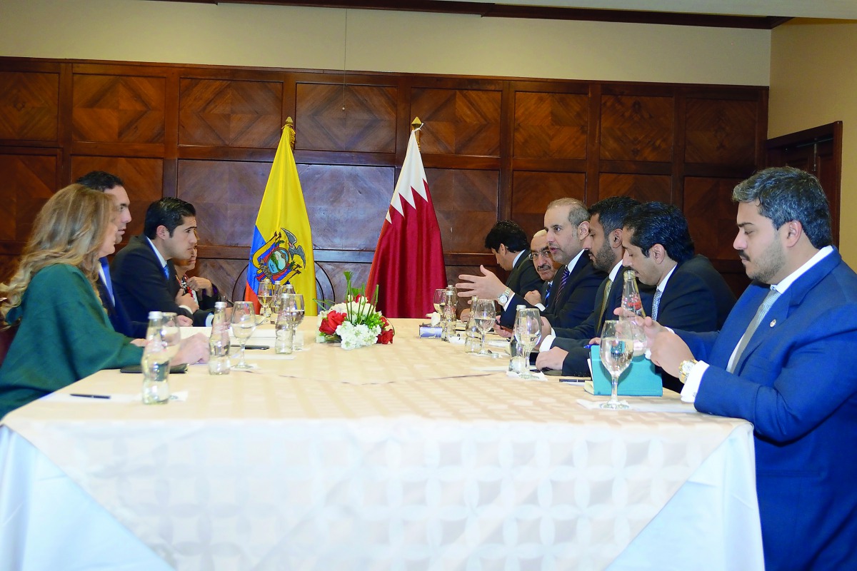 Minister of Economy and Commerce H E Sheikh Ahmed bin Jassim Al Thani (fourth right) during his meeting with Ecuador’s Minister of Economy and Finance, Richard Martinez Alvarado (third left), and Minister of Foreign Trade and Investment, Pablo Campana Sáe