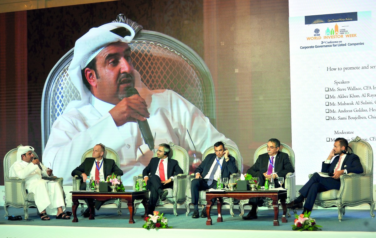 FROM LEFT: Mubarak Al Sulaiti, Chairman, Al Sulaiti Law Firm; Andreas Goldau, Head of Investor Relation, Ooredoo; Steve Wallace, CFA Institute, London; Akbar Khan, Senior Director, Asset Management, Rayyan Investment; Sami Boujilben, Chief Adviser, QFMA; 