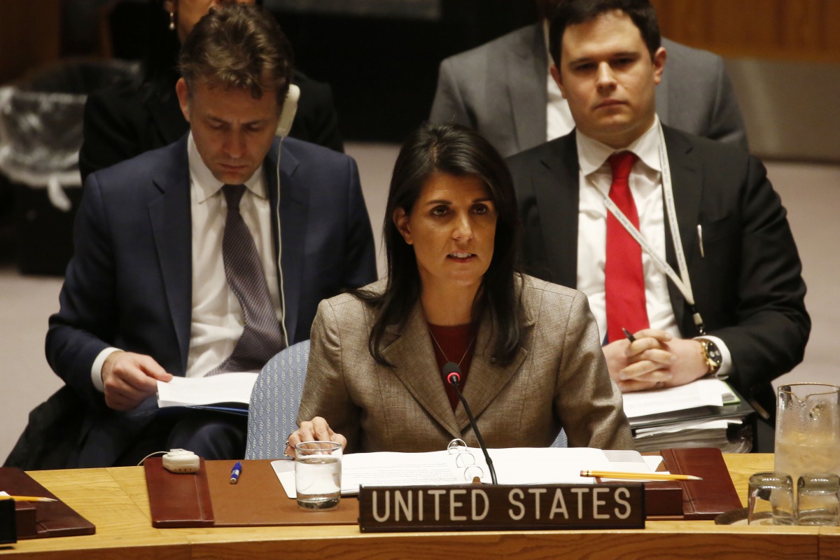 Nikki Haley speaks during a UN Security Council meeting that discussed chemical weapons in Syria at the United Nations headquarters in New York on January 23, 2018. (Mohammed Elshamy / Anadolu Agency) 