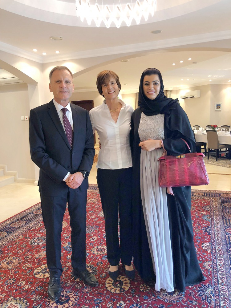 Aisha Alfardan (right), Vice-Chairwoman of the Qatari Businesswomen Association with Ambassador of Germany to Qatar, Hans-Udo Muzel (left) during an event.

