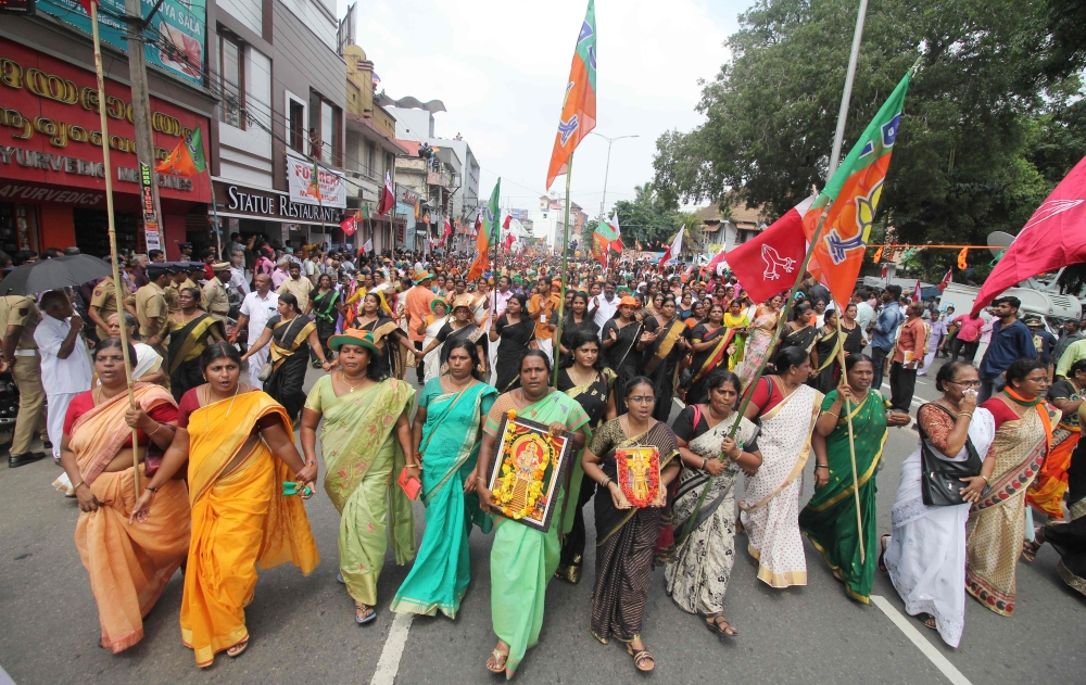 Indian Hindu devotees take part in a protest against a Supreme Court verdict revoking a ban on women's entry to a Hindu temple, in Thiruvananthapuram in southern Kerala state on October 15, 2018. AFP 