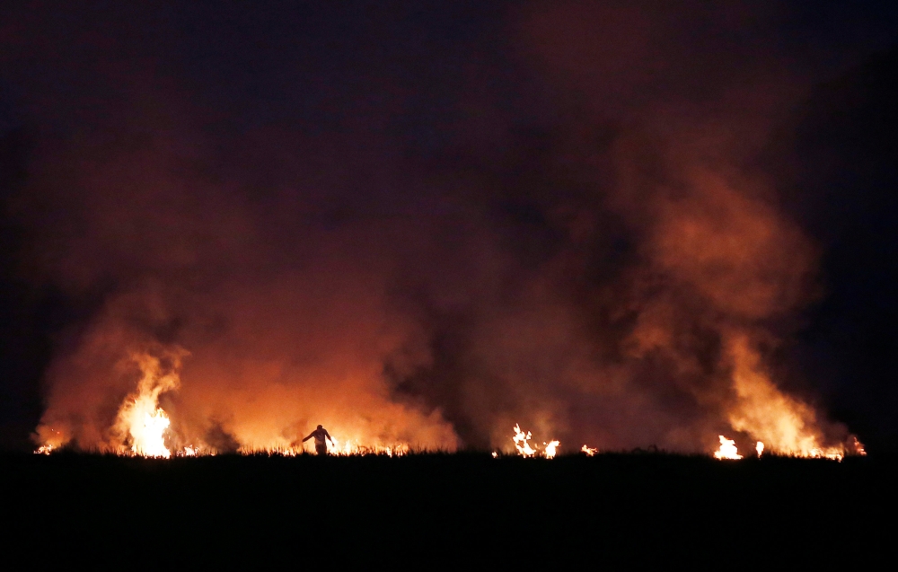 A farmer burns the stubble in a rice field in Karnal in the northern state of Haryana, India, October 9, 2018. Picture taken October 9, 2018. REUTERS/Adnan Abidi