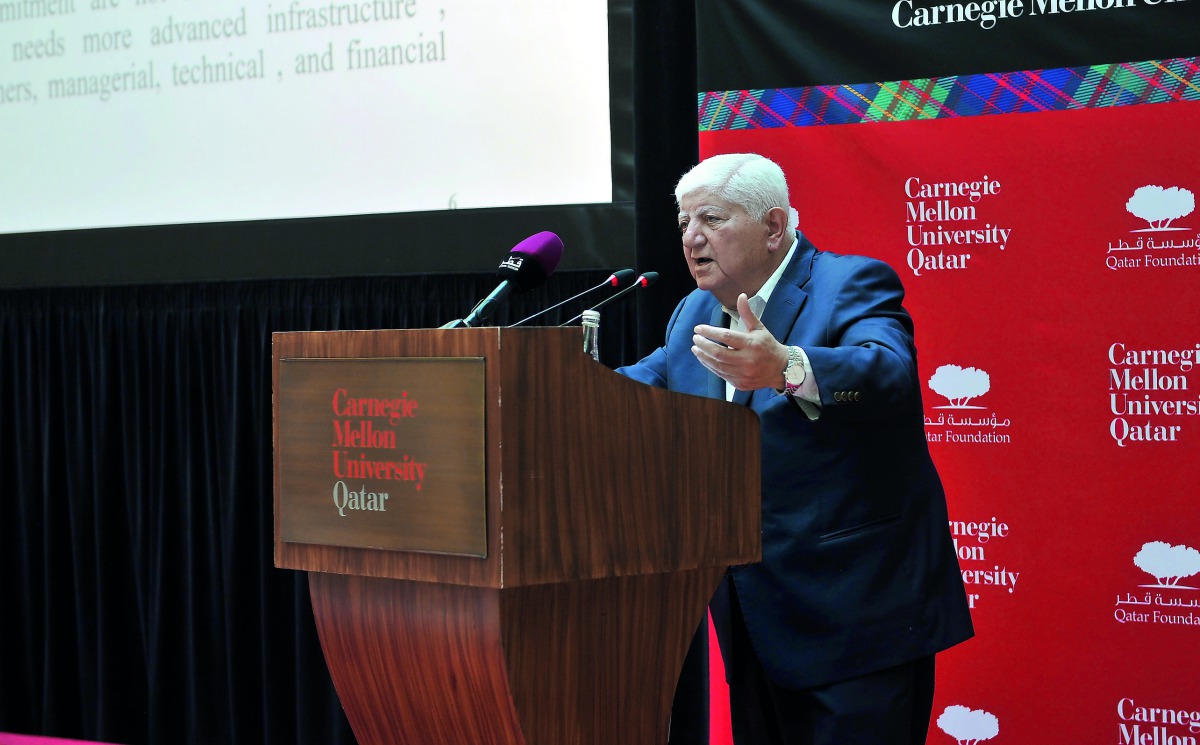 Dr Ibrahim Ibrahim, Economic Advisor at Amiri Diwan, addressing Carnegie Mellon University-Qatar Dean’s Lecture Series, yesterday. Pic: Salim Matramkot/The Peninsula 