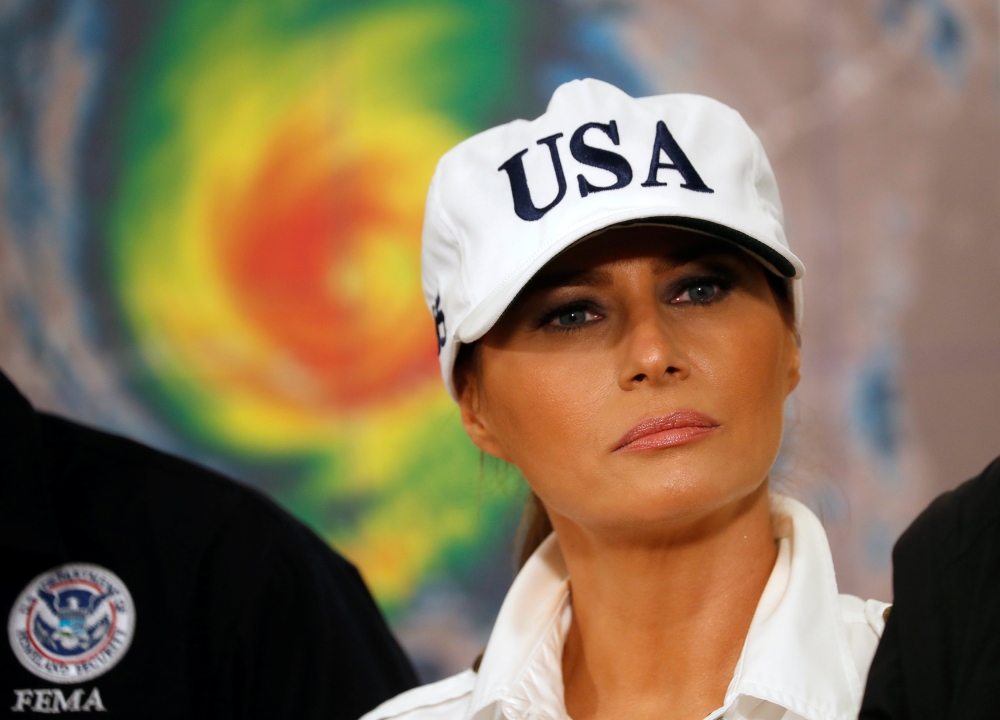 U.S. first lady Melania Trump listens during a Red Cross hurricane relief briefing at the Macon Farmers Market in Macon, Georgia, U.S., October 15, 2018. REUTERS/Kevin Lamarque