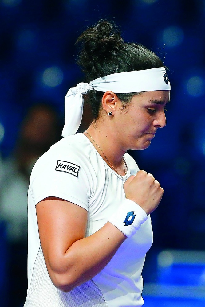 Ons Jabeur of Tunisia in action against Sloane Stephens (not seen) of USA during the women's singles tennis qualifying match within the 2018 VTB Kremlin Cup International Tennis Tournament at the Olympic Stadium in Moscow, Russia on October 17, 2018. (Sef