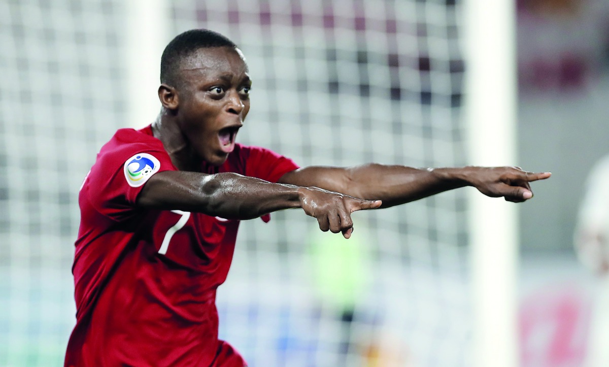 Qatar’s Abdulrasheed Umaru celebrates after scoring a hat-trick during yesterday’s match.