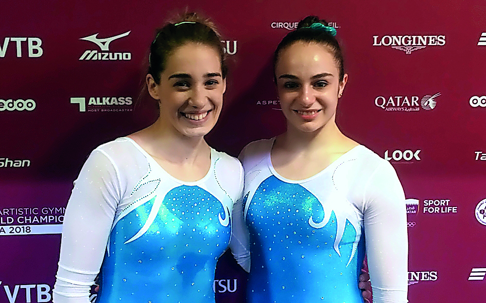 Argentina’s Ayelen Tarabini (left) and Martina Dominici (ARG) pose after podium training at Aspire Dome, yesterday. 
