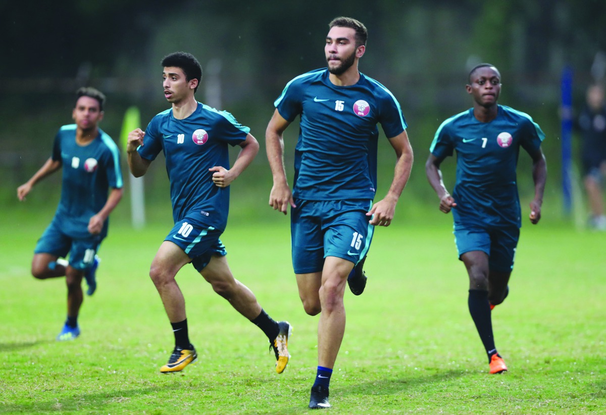 Qatar team players training in Jakarta, Indonesia on the eve of their AFC Under-19  match against Chinese Taipei,
