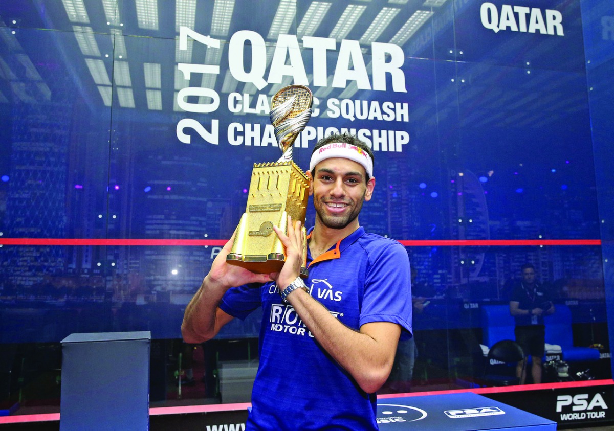 Mohamed El Shorbagy of Egypt poses for a picture after winning the 2017 Qatar Classic in Doha in this file picture.