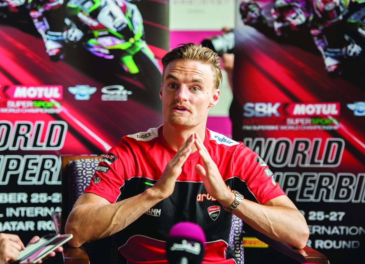 Team Ducati rider Chaz Davies addresses the media at the Grand Hyatt Doha Hotel and Villas in Doha yesterday.