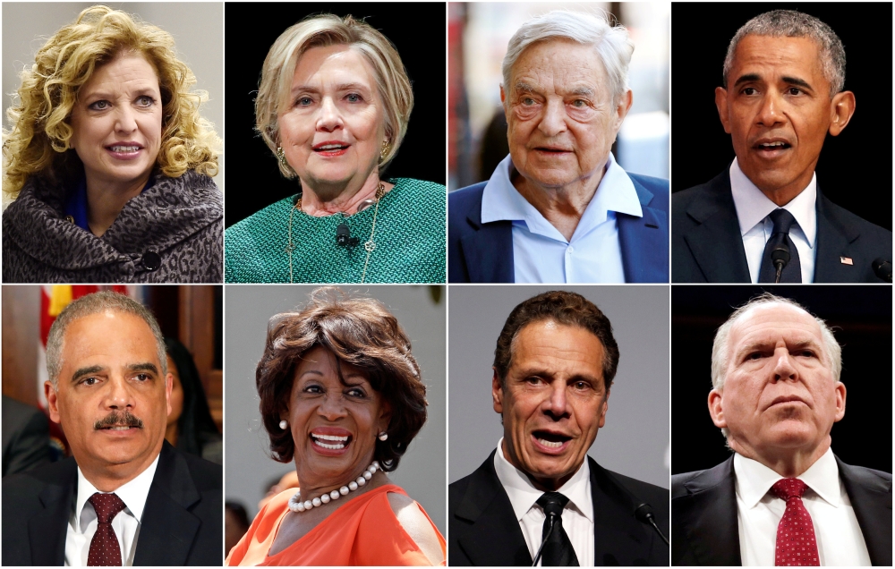 Combination photographs of political figures targeted by suspicious packages - (Top L-R) US Representative Debbie Wasserman Schultz, former Democratic presidential candidate Hillary Clinton, Democratic Party donor George Soros and former U.S. President Ba