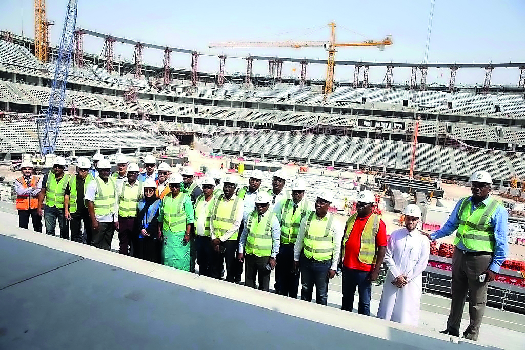 The visiting Confederation of African Football (CAF)  delegation and Qatar Football Association officials at the Education City Stadium construction site yesterday.