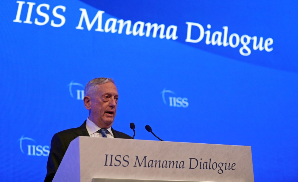 U.S. Defense Secretary James Mattis speaks during the second day of the 14th Manama dialogue, Security Summit in Manama, Bahrain October 27, 2018. REUTERS/Hamad l Mohammed