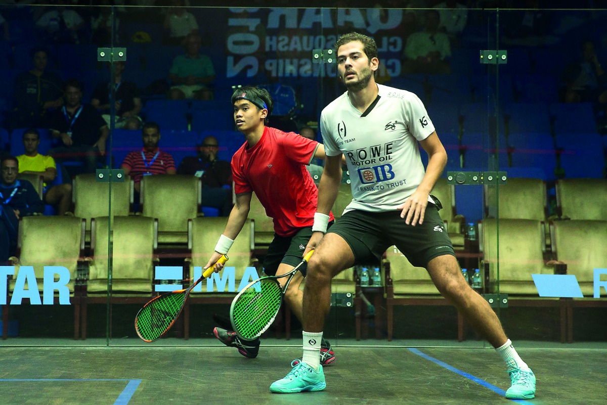 Egypt’s Karim Abdel Gawad (right), ranked 10th in the world, in action against Malaysia’s Eain Yow Ng yesterday.