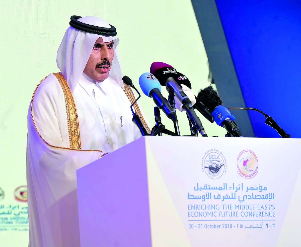 Qatar Central Bank Governor H E Sheikh Abdulla bin Saoud Al Thani addressing the opening of ‘Enriching Middle East’s Economic Future’ conference at The Ritz-Carlton yesterday. Pic: Abdul Basit / The Peninsula