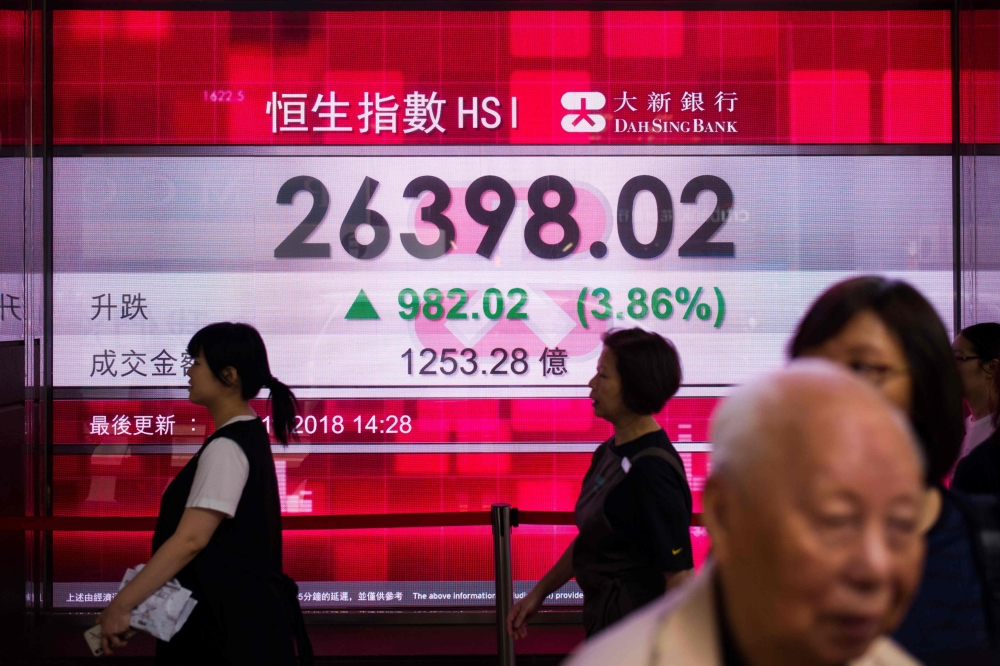 Pedestrians walk past a stocks display board that shows an increase in the Hang Seng Index in Hong Kong on November 2, 2018. / AFP / Anthony WALLACE