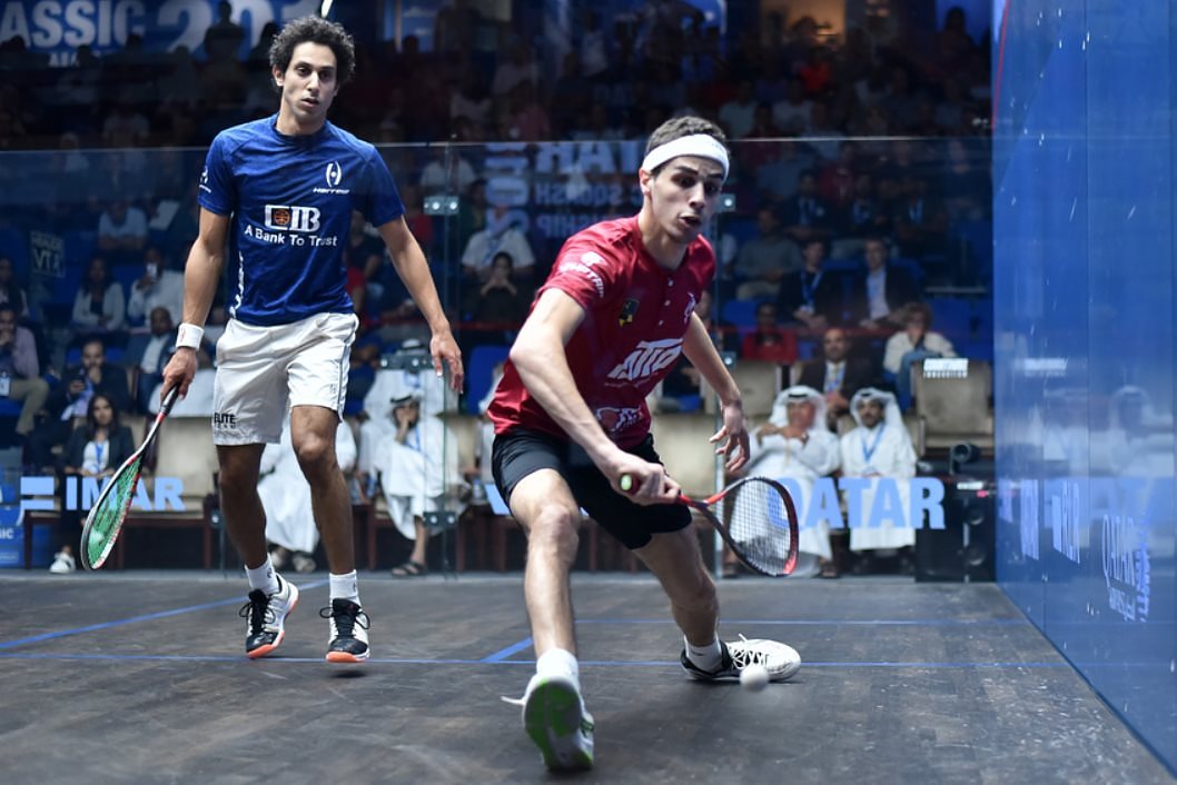 Egyptians Ali Farag (right) and Tarek Momen in action during their semi-final.