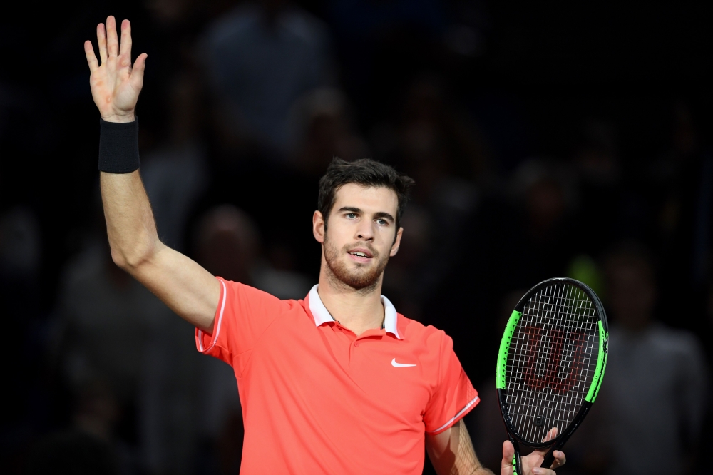 Russia's Karen Khachanov celebrates after winning against Austria's Dominic Thiem at the end of their men's singles semi-final tennis match on day six of the ATP World Tour Masters 1000 - Rolex Paris Masters - indoor tennis tournament at The AccorHotels A