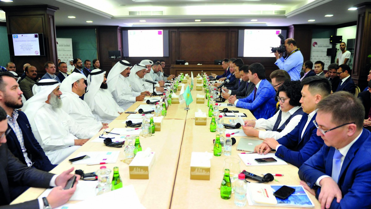 Mohammad bin Towar Al Kuwari, (left, centre) First Vice-Chairman, Qatar Chamber; and Tuyakbayev Saparkeb, Chairman of the Board NC Kazakh Invest; with Askar Shokybayev, Ambassador of Kazakhstan in Qatar (right, centre) during the meeting of Kazakhstan Tra