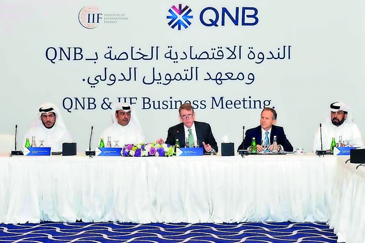 H E Sheikh Mohammed bin Hamad Al Thani (left), the Deputy Governor of Qatar Central Bank; Abdulla Mubarak Al Khalifa (second left), Executive General Manager - Chief Business Officer at QNB Group; Timothy Adams (centre), President and CEO of the IIF; Rash