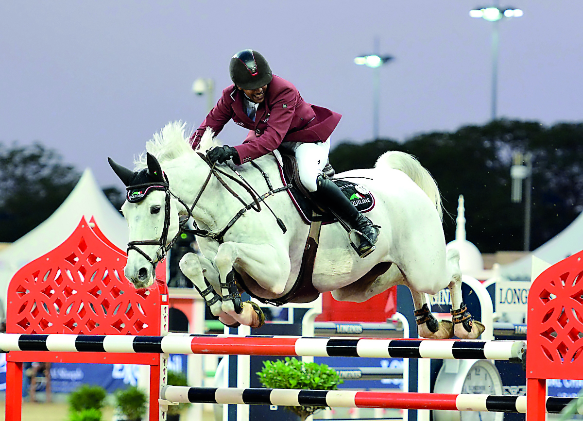 Qatar’s Bassem Hassan Mohammed guides Argelith Squid over an obstacle during the Doha 2018 CSI5* 1.45m event in the opening day of the LGCT final round at Al Shaqab Arena yesterday. 
