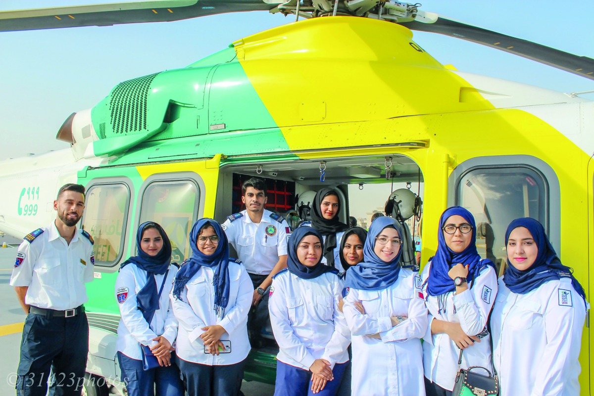 The students of College of the North Atlantic – Qatar Health Sciences with Hamad Medical Corporation’s LifeFlight crew. 
