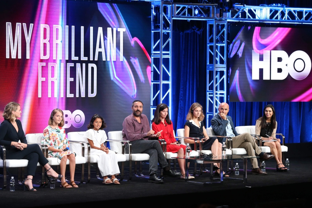 (FILES) In this file photo taken on July 25, 2018 executive producer Jennifer Schuur, actresses Elisa Del Genio and Ludovica Nasti, director Saverio Costanzo, actresses Gaia Girace and Margherita Mazzucco and executive producer Lorenzo Mieli of 'My Brilli