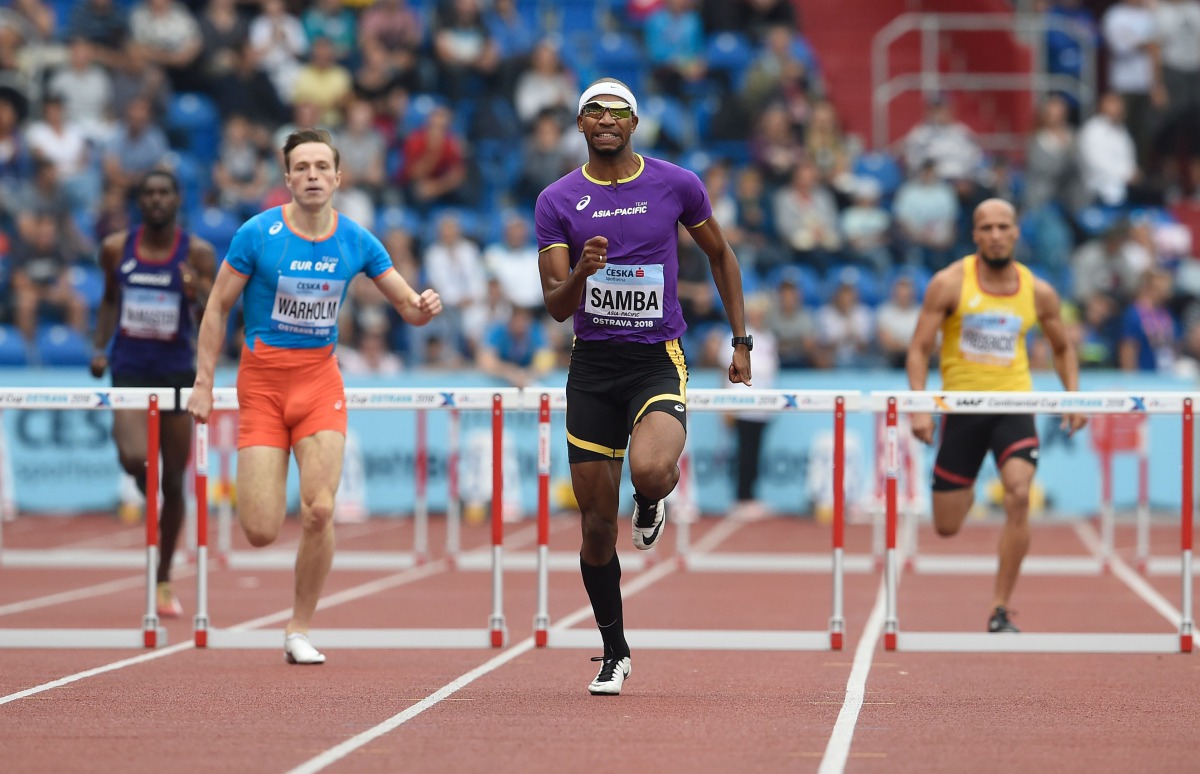 Qatar’s Abderrahman Samba from Team Asia and Pacific competes in the men’s 400m hurdles event at the IAAF Continental Cup in Ostrava, Czech Republic, in this  September 8, 2018 file photo.