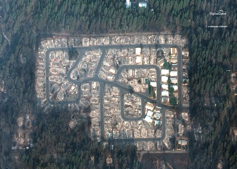 DigitalGlobe satellite image shows fire damages in the Kilcrease circle community aftermath of the Camp Fire in Paradise, California, U.S. on November 17, 2018. Satellite image ©2018 DigitalGlobe, a Maxar company/Handout via REUTERS 