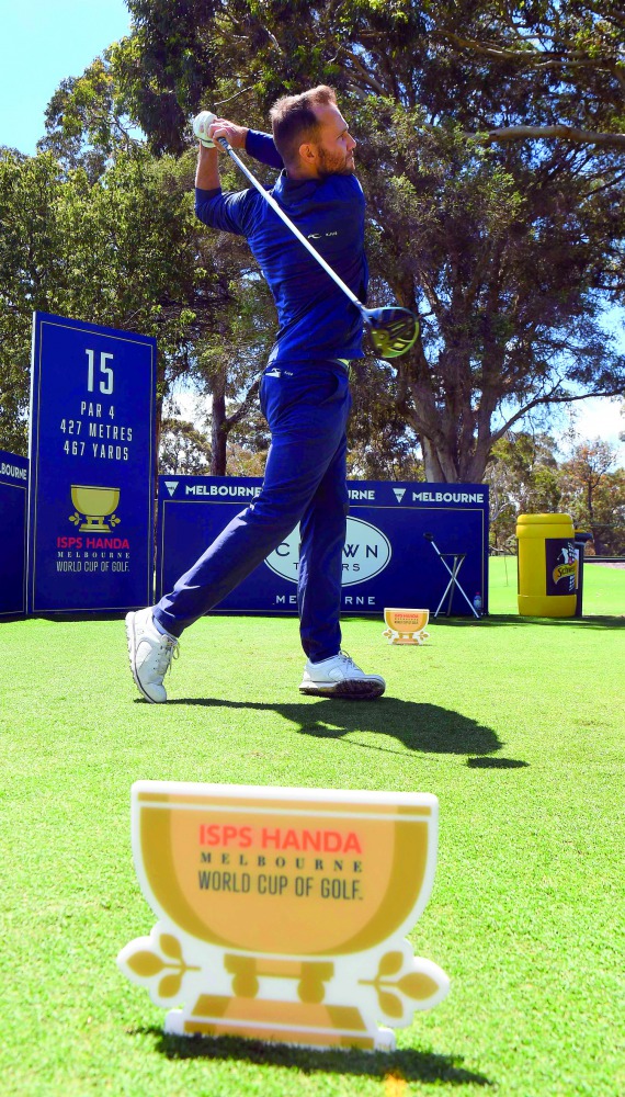 Maximilian Kieffer of Germany watches his tee shot during a practice round at the World Cup of Golf in Melbourne on November 21, 2018. AFP / William West 