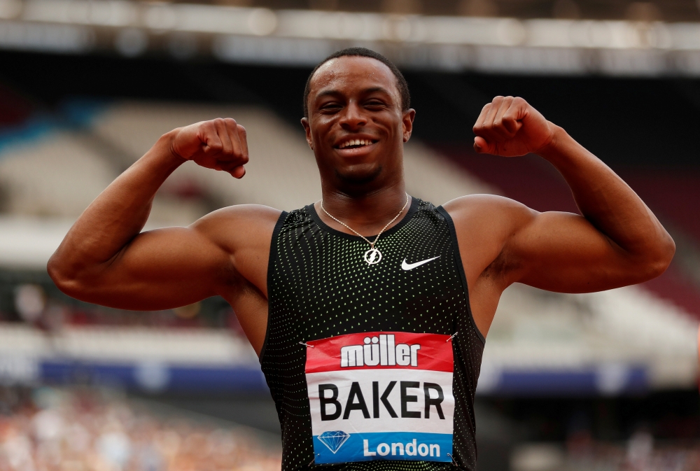 Ronnie Baker of the U.S. celebrates after winning the men's 100m final, Diamond League,  London Anniversary Games, July 21, 2018.  Action Images via Reuters/Andrew Boyers